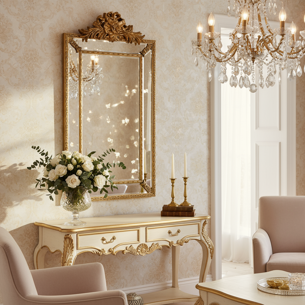 147cm ornate gold mirror in luxurious setting