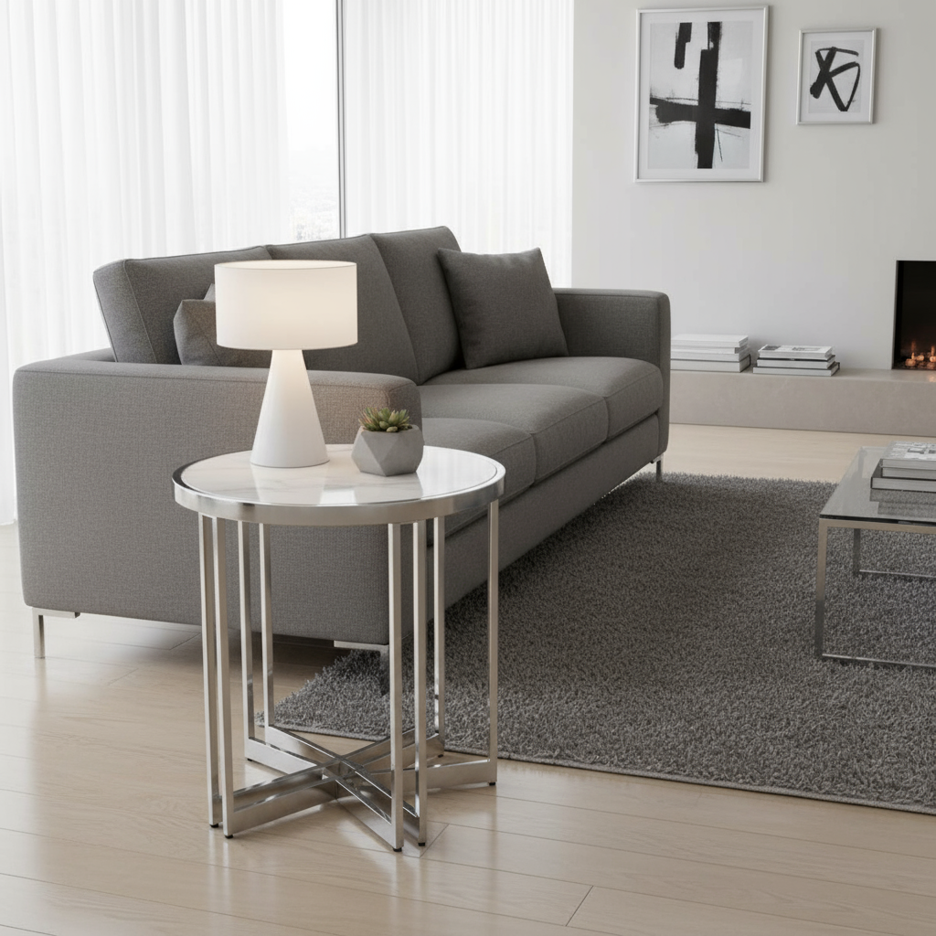 55cm side table with white marble top in modern setting