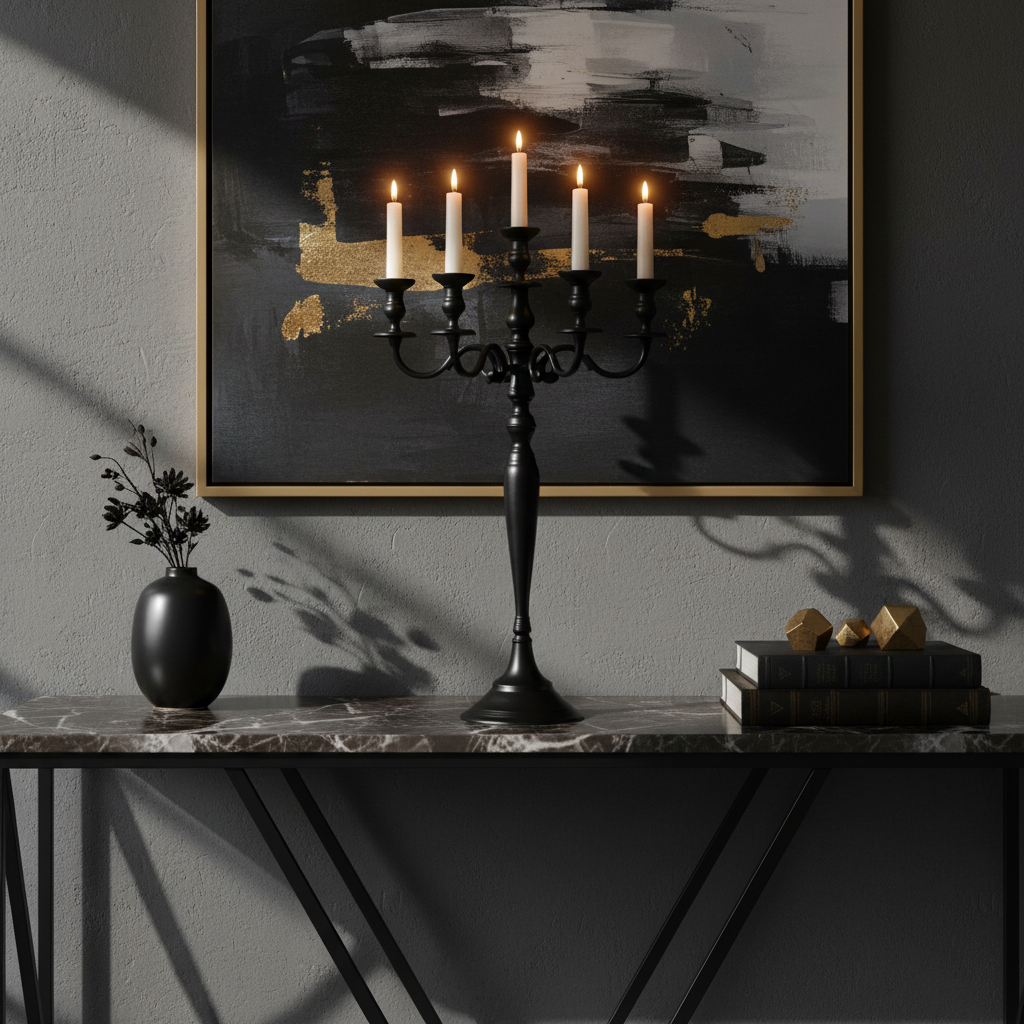 70cm black candelabra in contemporary luxury setting