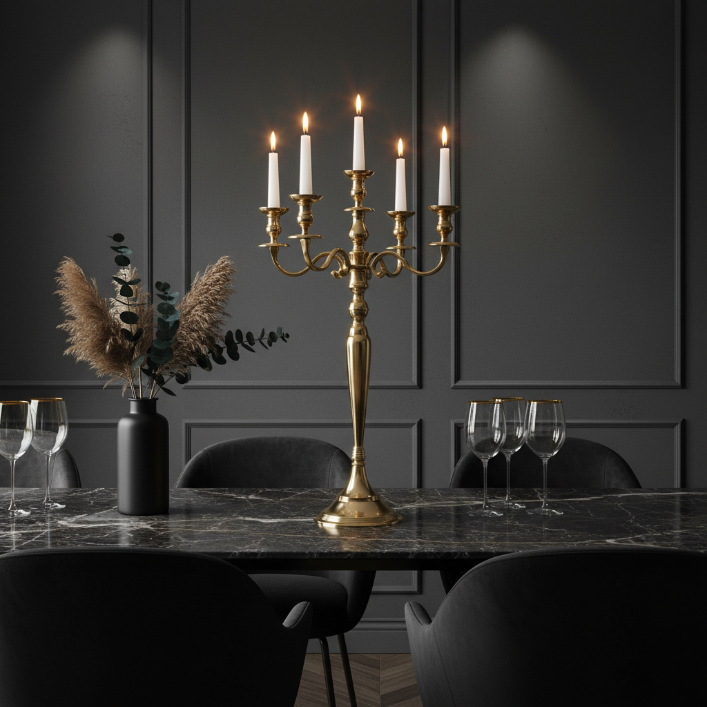 70cm gold candelabra in elegant contemporary setting