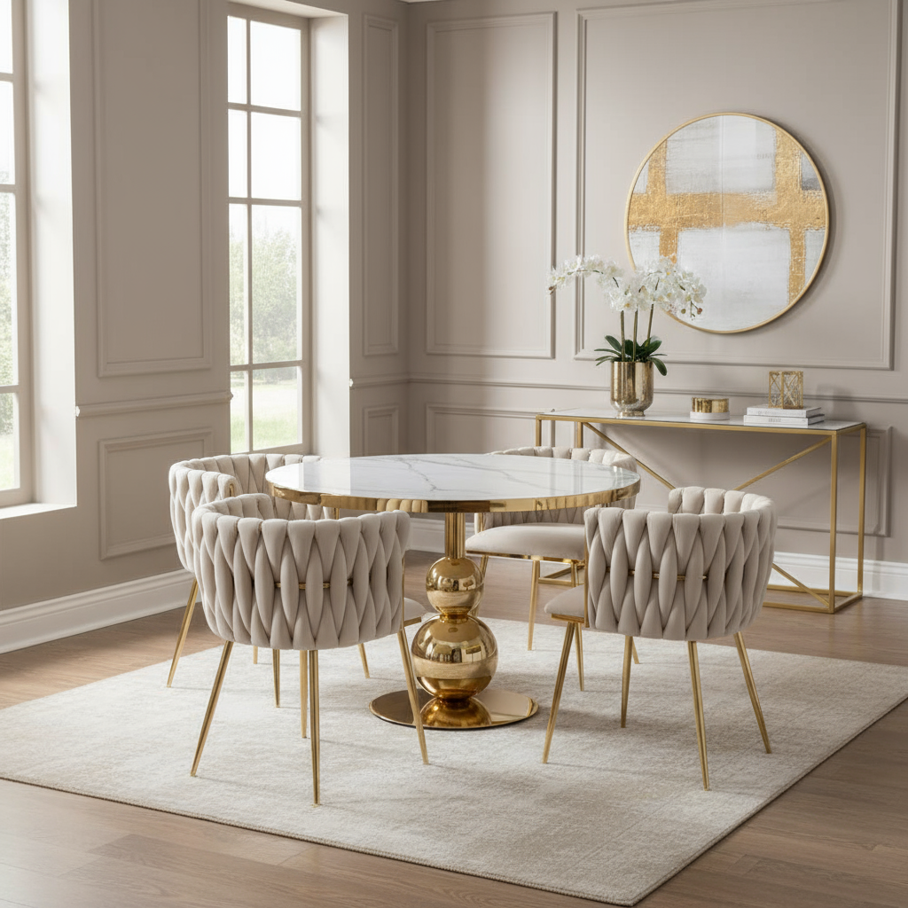 80cm gold dining table with cream woven velvet chairs
