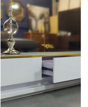 Gabrielle White Gloss TV Unit/Plasma Stand with Gold Trim (200 cm)