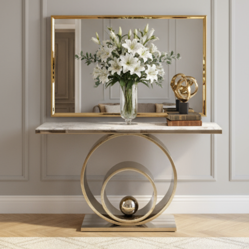 Solar Marble Console Table with matching rectangular Mirror (Available in Gold or Silver)