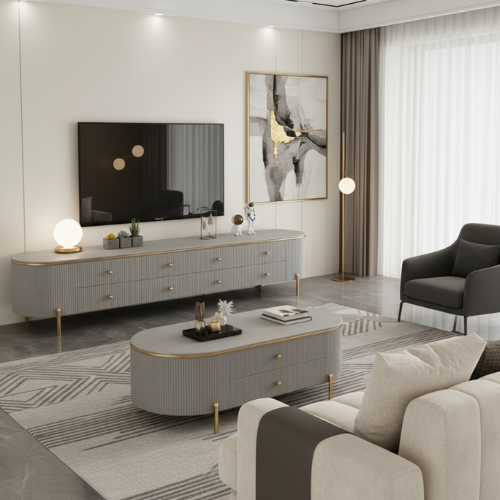 Vera TV Unit/Plasma stand with matching Coffee Table (200/130 cm) Grey/Gold