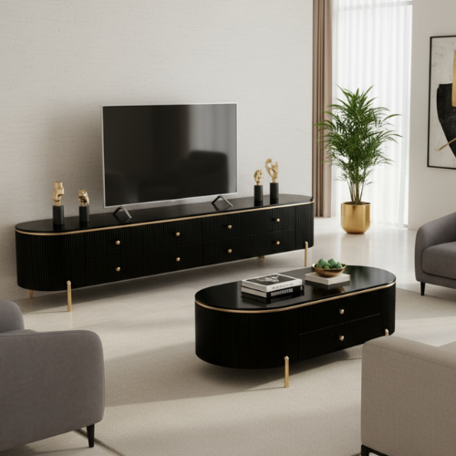 Vera TV Unit/Plasma stand with matching Coffee Table (200/130 cm) Black/Gold