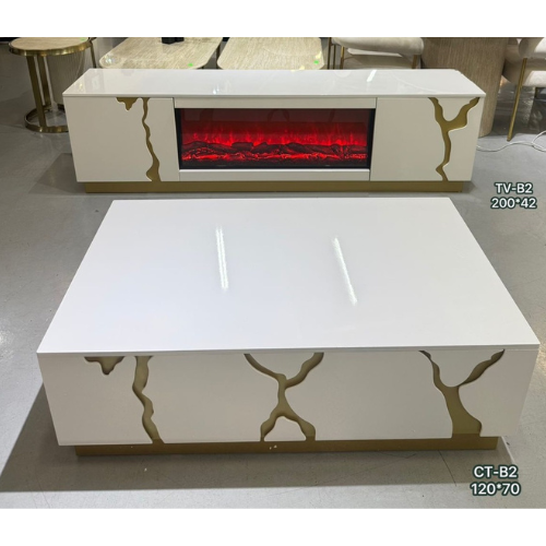 Soho Fireplace Display TV Stand/Plasma Unit (200 cm) with matching Coffee Table (120 cm) Available in White/Gold or Black/Gold
