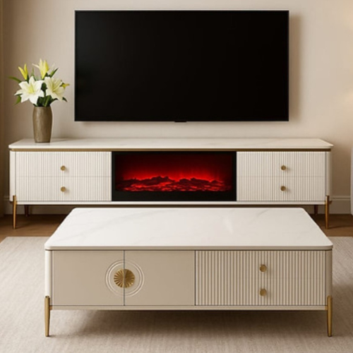 Zola Fireplace Display TV Stand/Plasma Unit (200 cm) with matching Coffee Table (130 cm) White/Gold