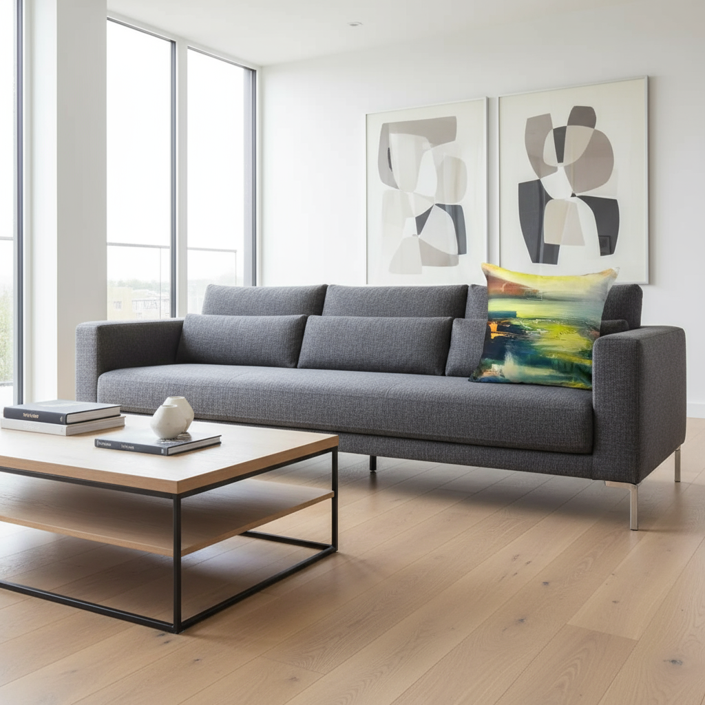 Abstract blue and yellow cushion in modern setting