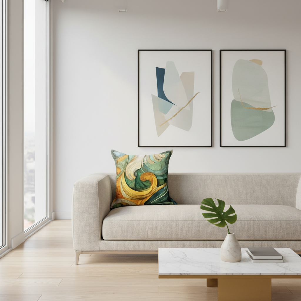 Artistic green and gold cushion in modern setting