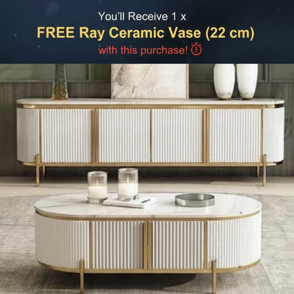 PROMO DEAL - Azalea TV Unit/Plasma Stand and Coffee Table Set (White/Gold) + RECEIVE 1 X FREE RAY CERAMIC VASE (22 CM)!