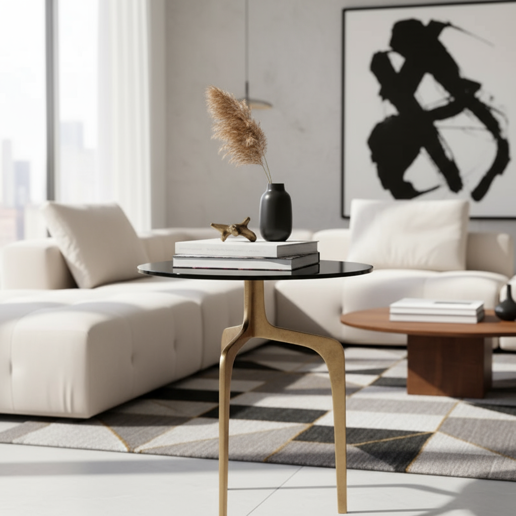 Black and gold side table in contemporary setting