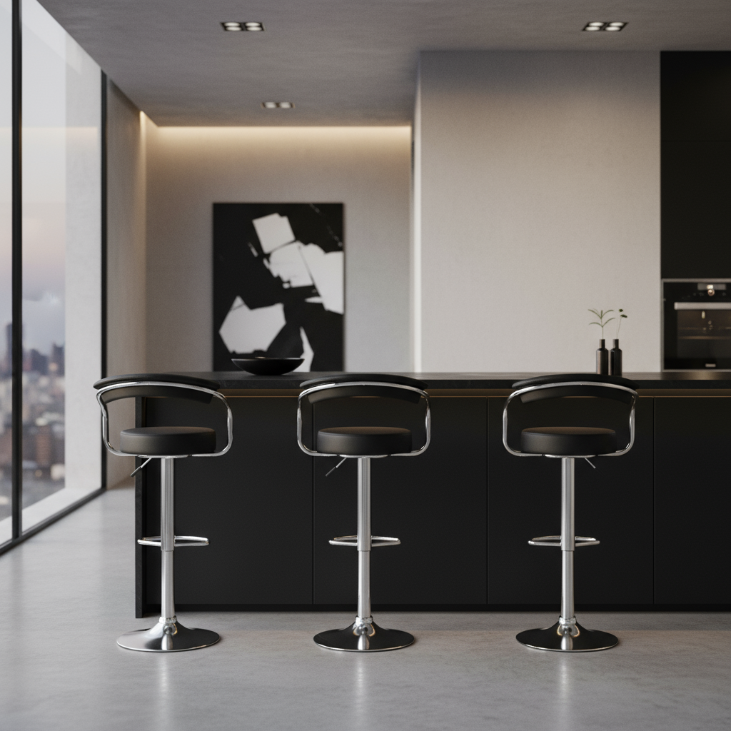 Black bar stools with chrome frames in contemporary setting