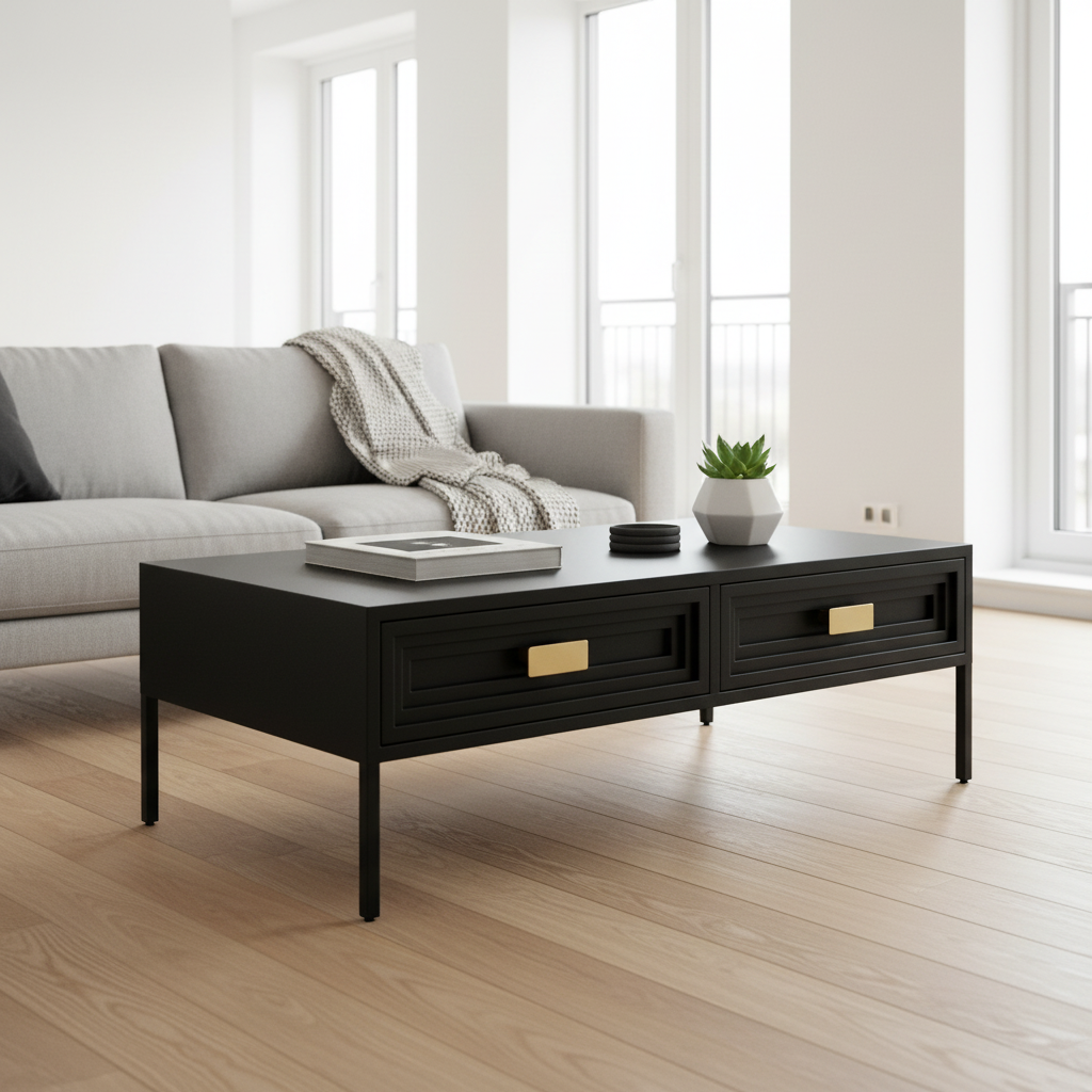 Black metal coffee table in minimalist setting