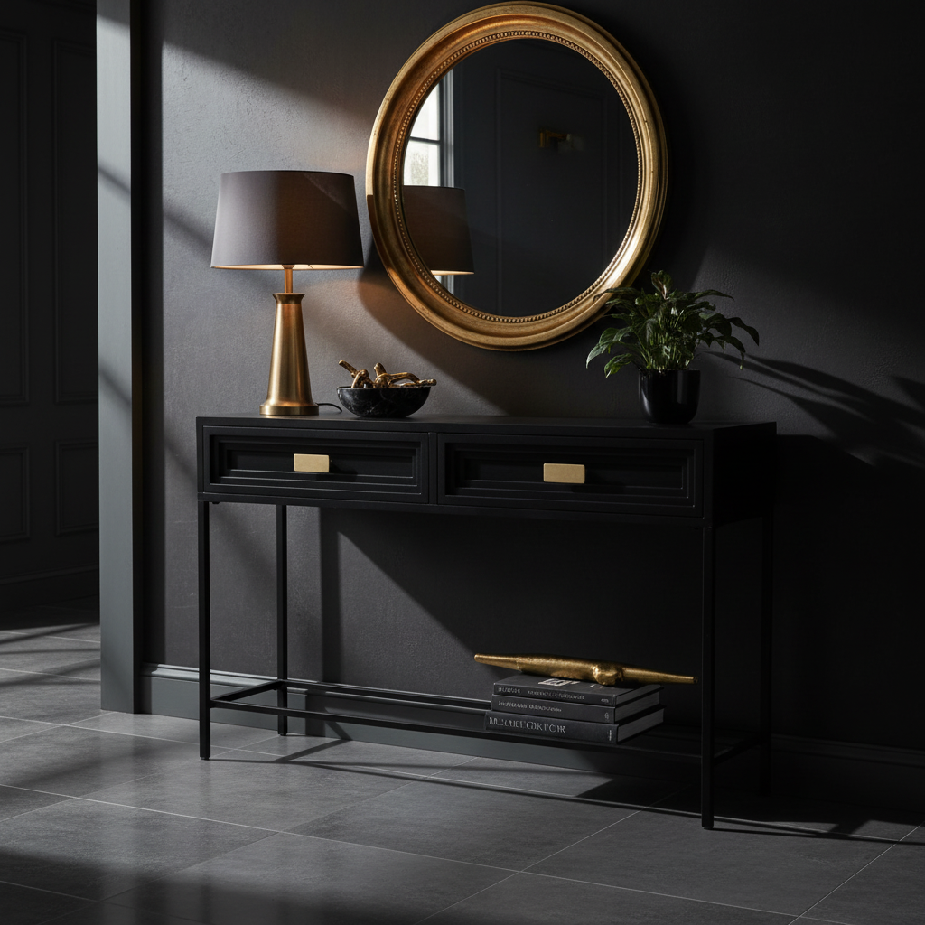Black metal console in luxury entryway