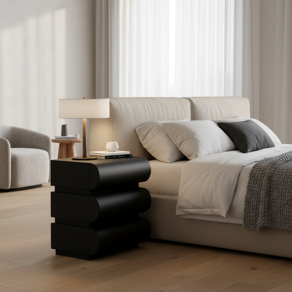 Black pedestal in modern bedroom