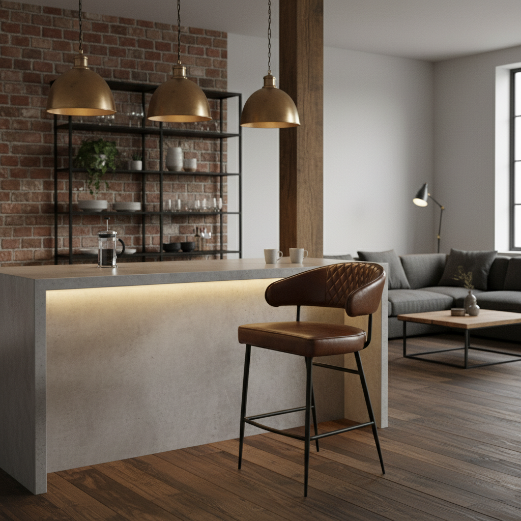 Brown leather bar stool with black frame in modern setting