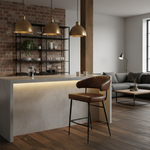 Brown leather bar stool with black frame in modern setting