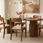 Close-up of mango wood dining chairs with table