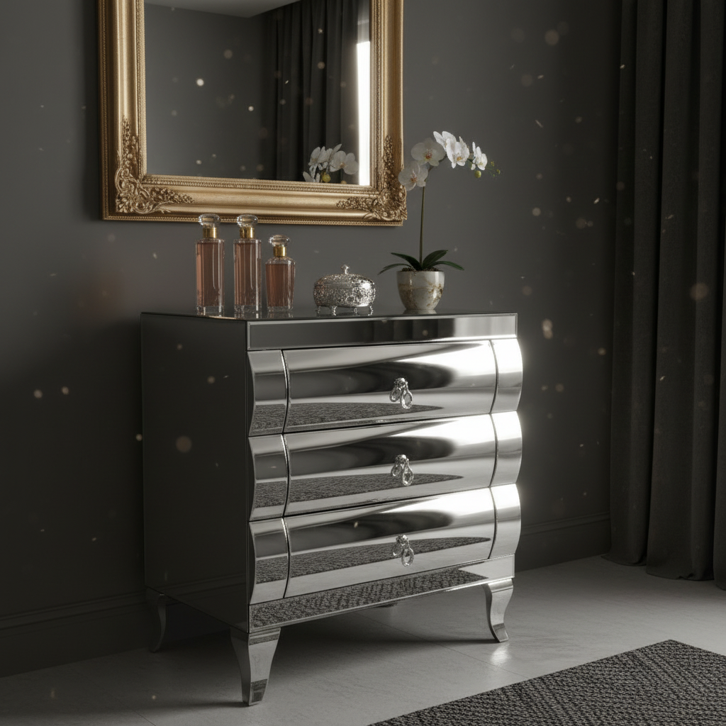 Close-up of mirrored pedestal in dressing room