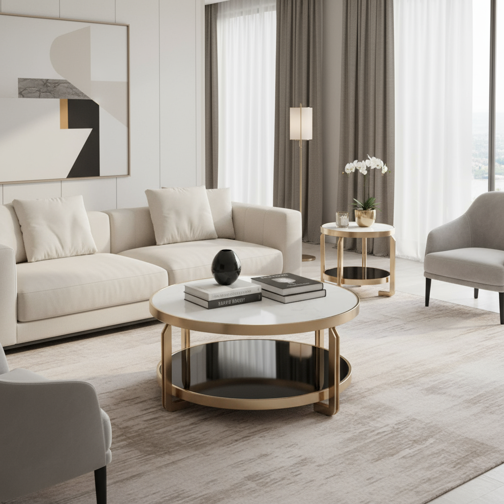 Coffee and side table with champagne gold frames and black shelves