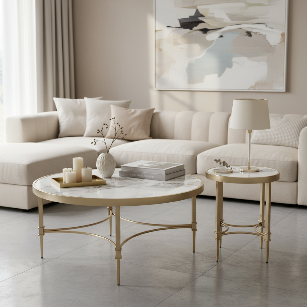 Coffee and side table with champagne gold frames in modern setting