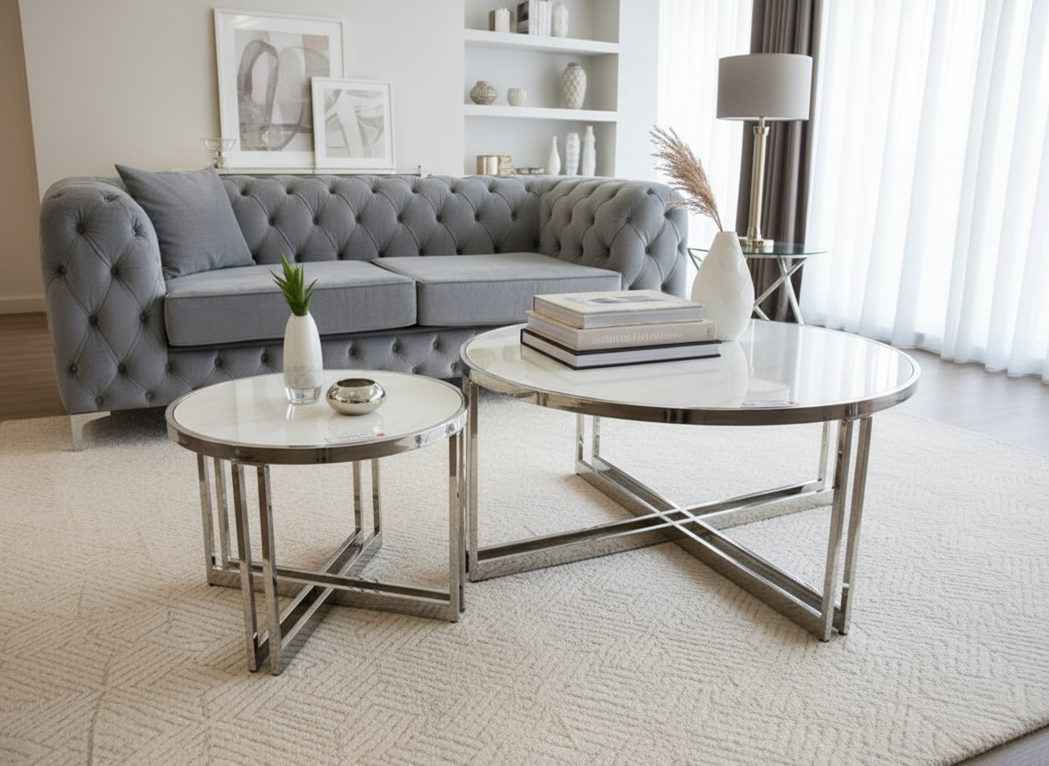 Coffee table set with white marble tops in modern setting