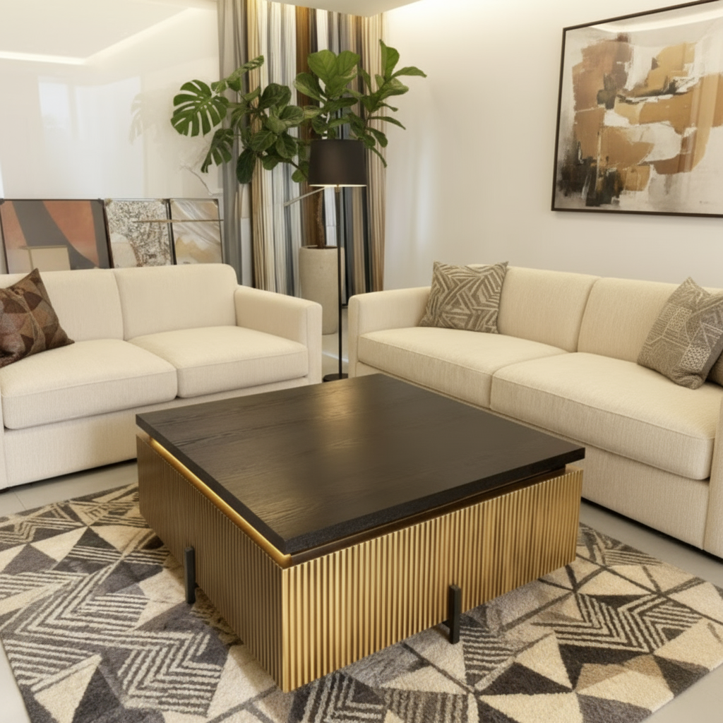 Coffee table with LED lighting in warm contemporary space