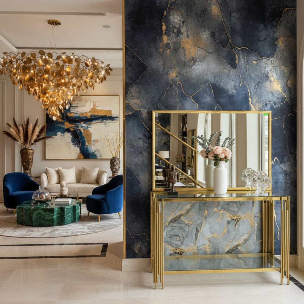 Console table and mirror in unique luxurious setting