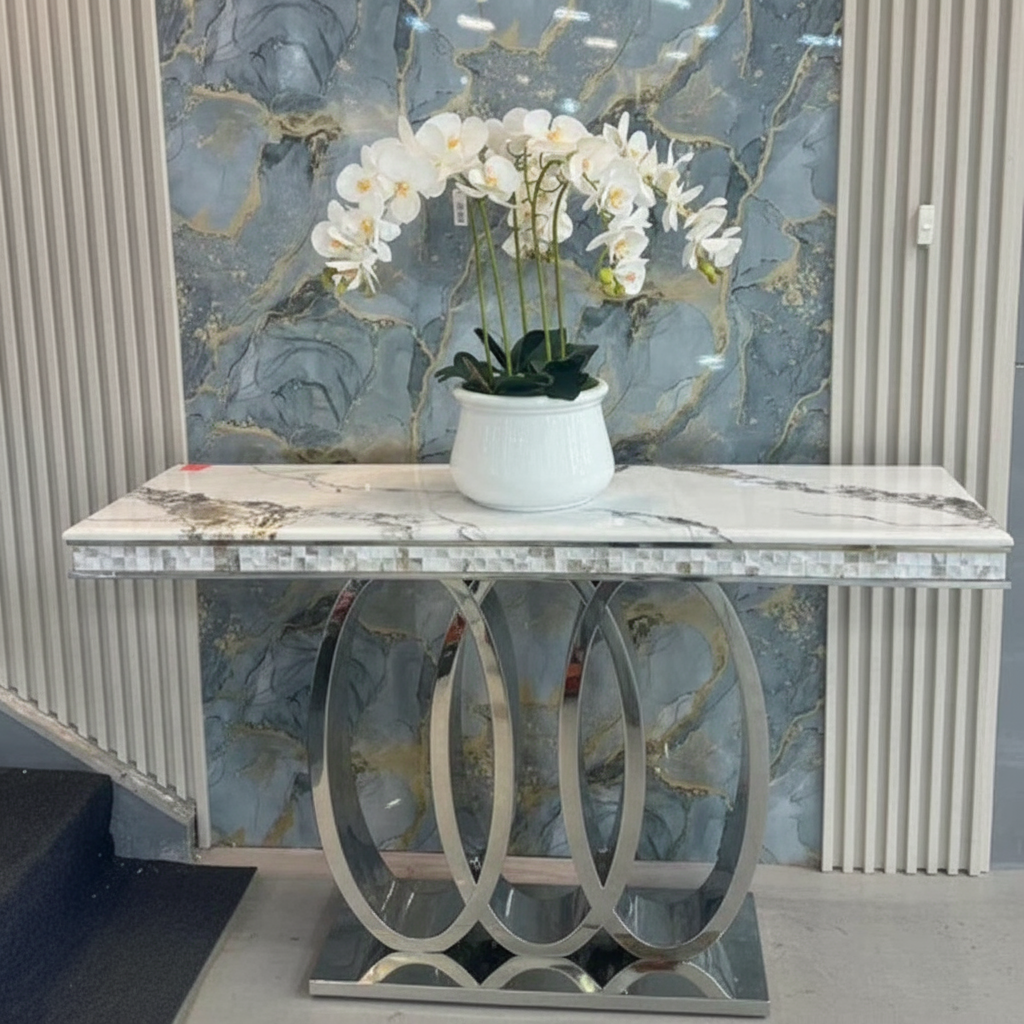 Console table with shiny silver finish