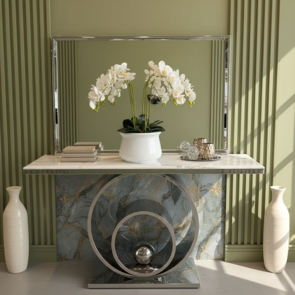 Solar Marble Console Table with matching rectangular Mirror (Available in Gold or Silver)