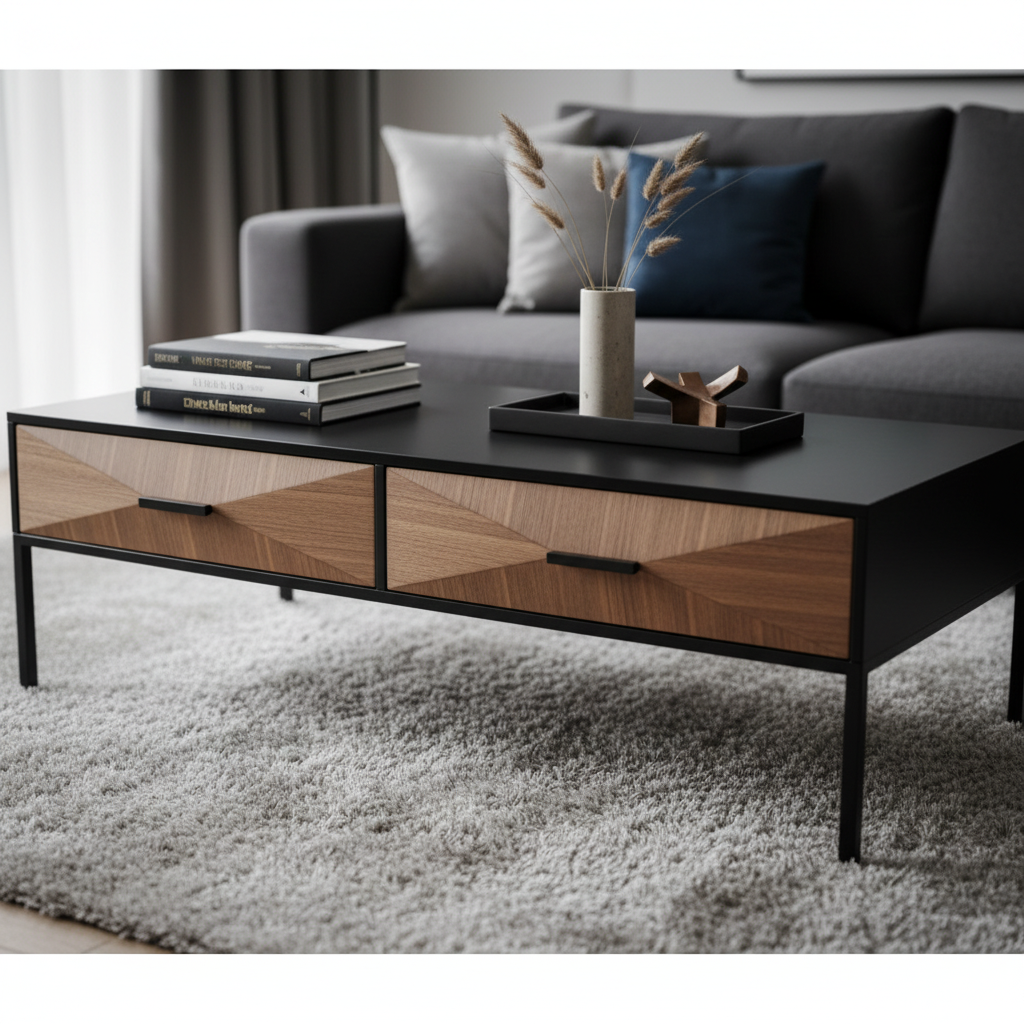Contemporary coffee table with chevron drawers in luxury setting