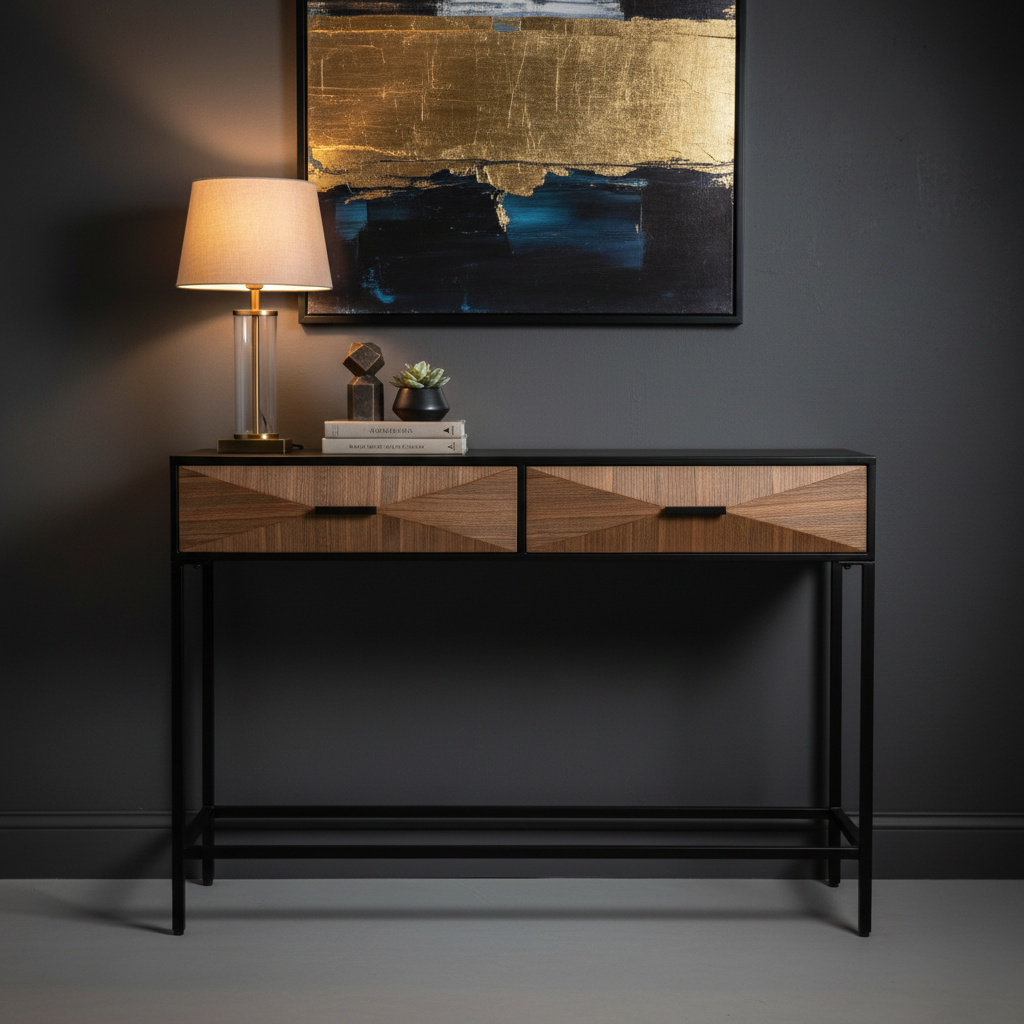 Contemporary console with chevron drawers in luxury setting