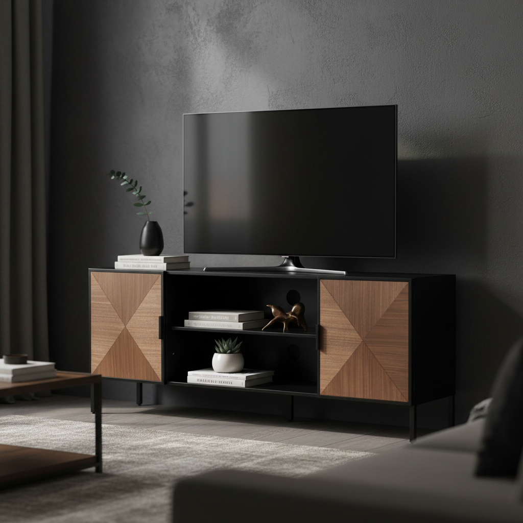 Contemporary TV unit with chevron pattern in luxury setting
