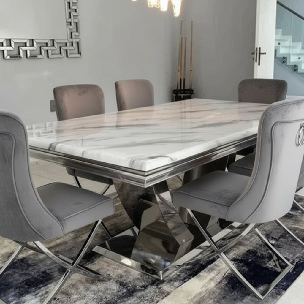 Dining table with Anah silver frame chairs