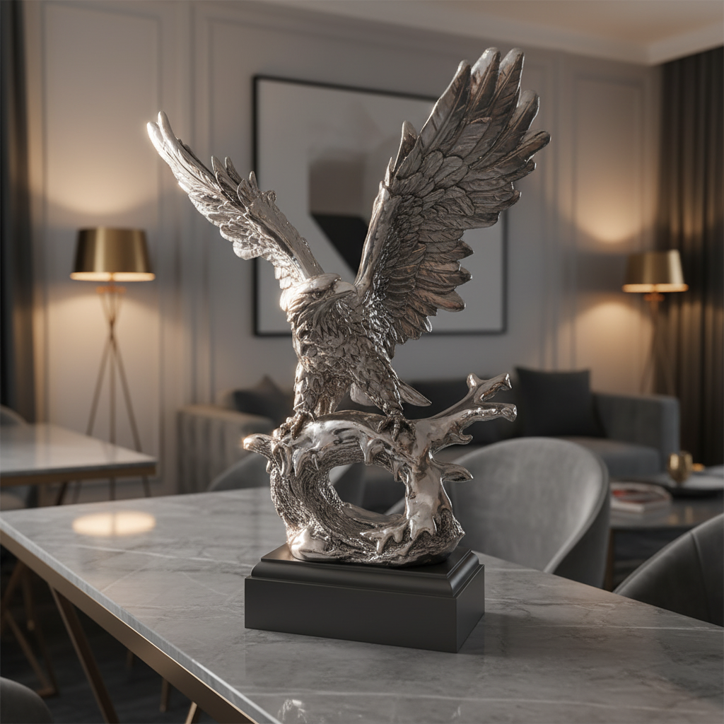 Fish and Eagle Silver Sculpture Close-Up in Luxury Setting