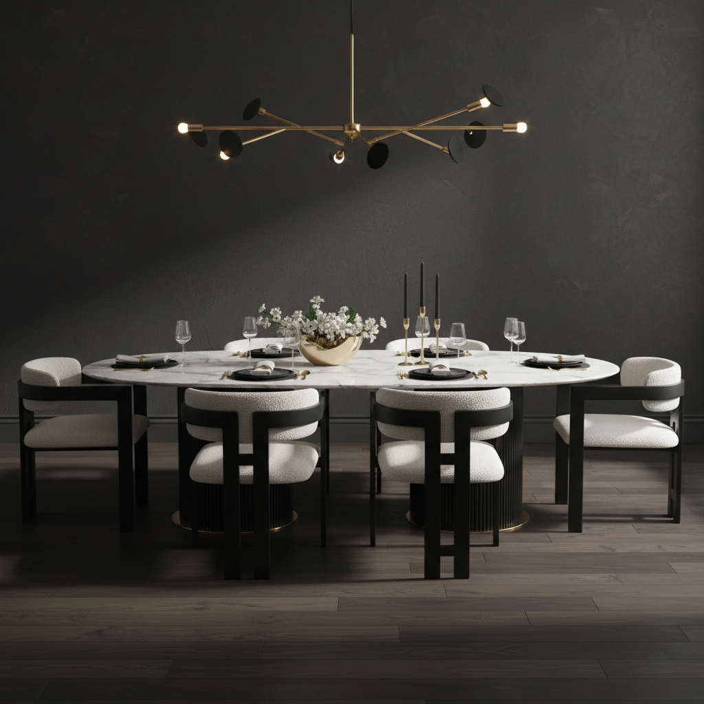 Fleece dining chairs around Romano table