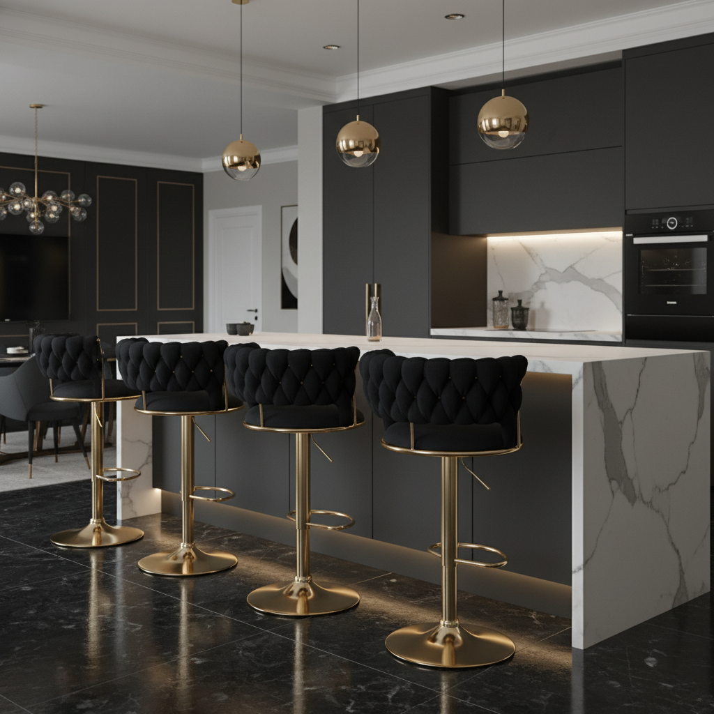 Four black and gold tufted bar stools in contemporary setting