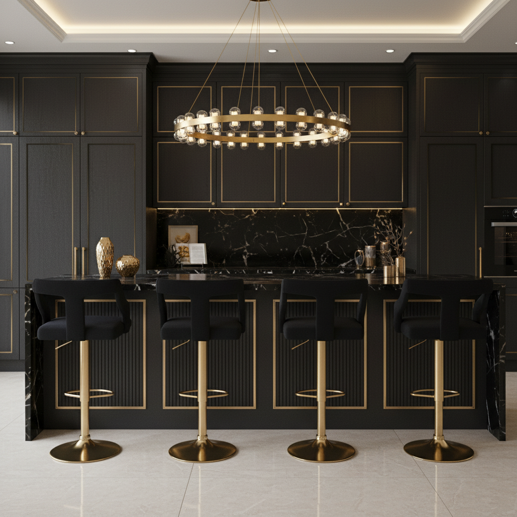 Four black bar stools with gold chrome base in luxury setting