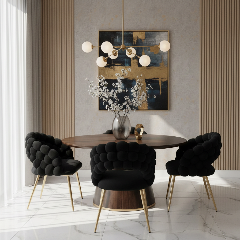 Four black dining chairs around Bella dining table
