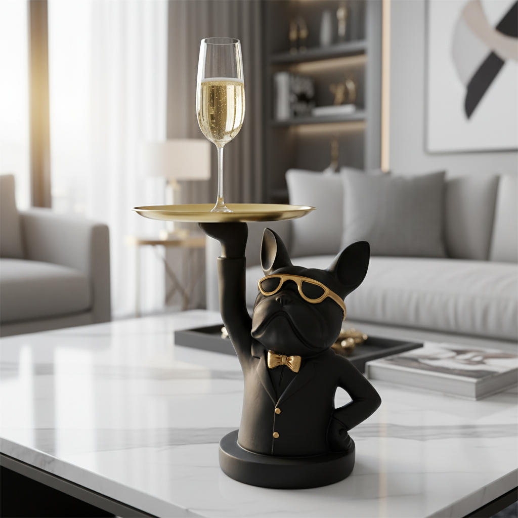 French Bulldog Serving Tray with Champagne Glass