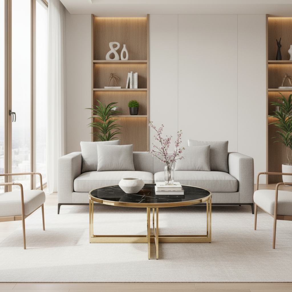 Gold and black marble coffee table in modern setting