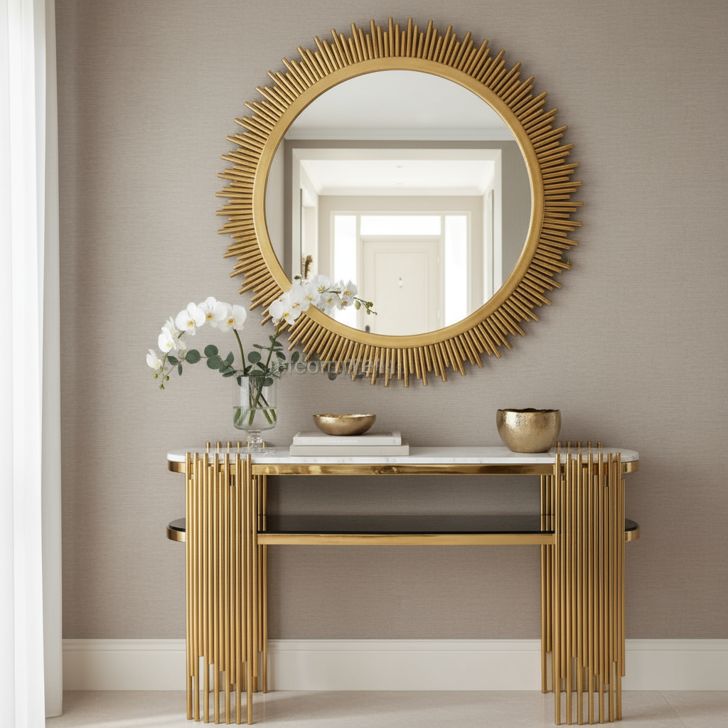 Gold console table with sunburst mirror - clean image