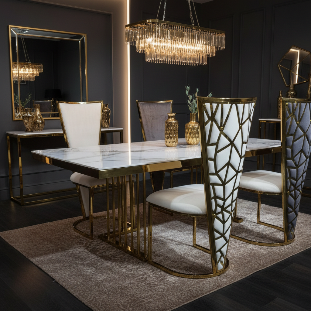 LuxeVerde Dining Chair (Available in White, Black or Grey) Gold Frame