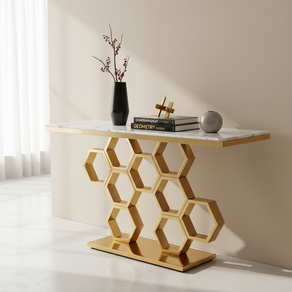 Gold honeycomb console table in contemporary interior