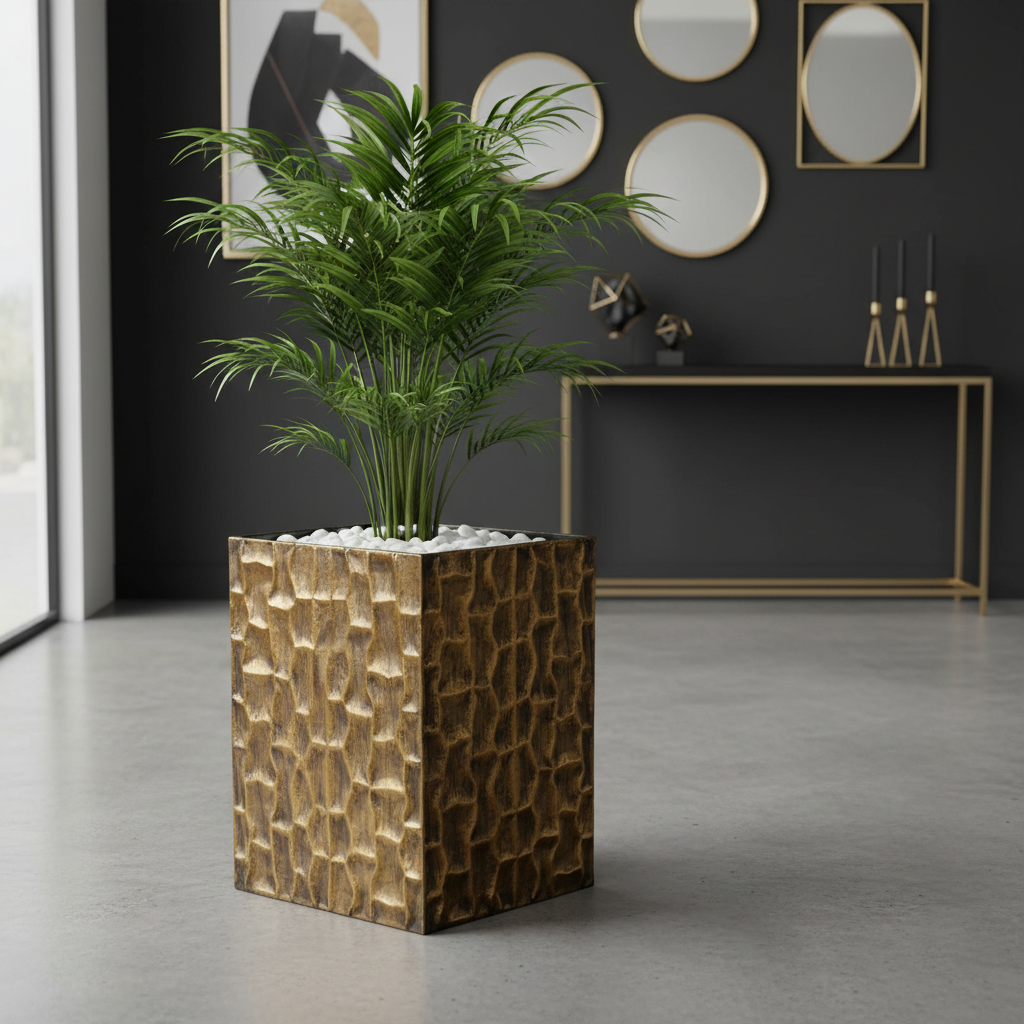 Gold planter box on floor