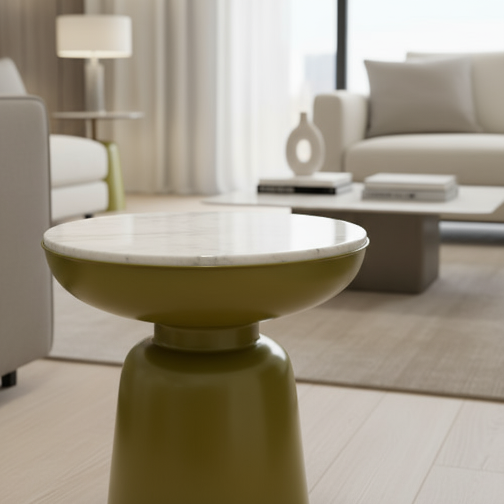 Green and marble side table in contemporary setting