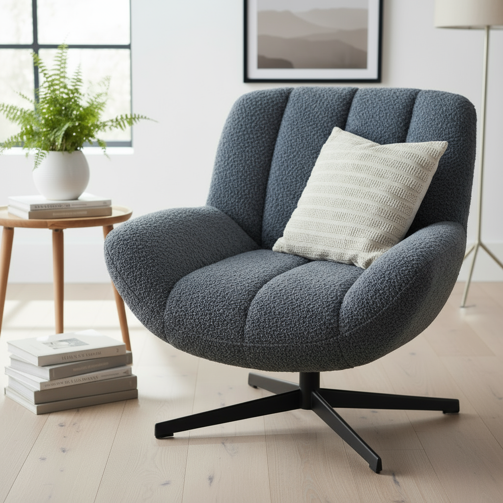 Grey boucle occasional chair in modern setting