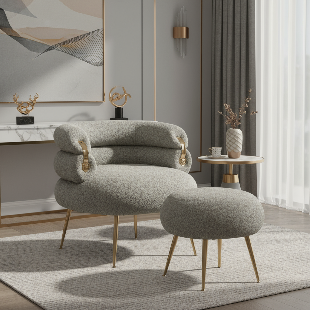 Grey Fleece Chair with Ottoman in Beautiful Setting