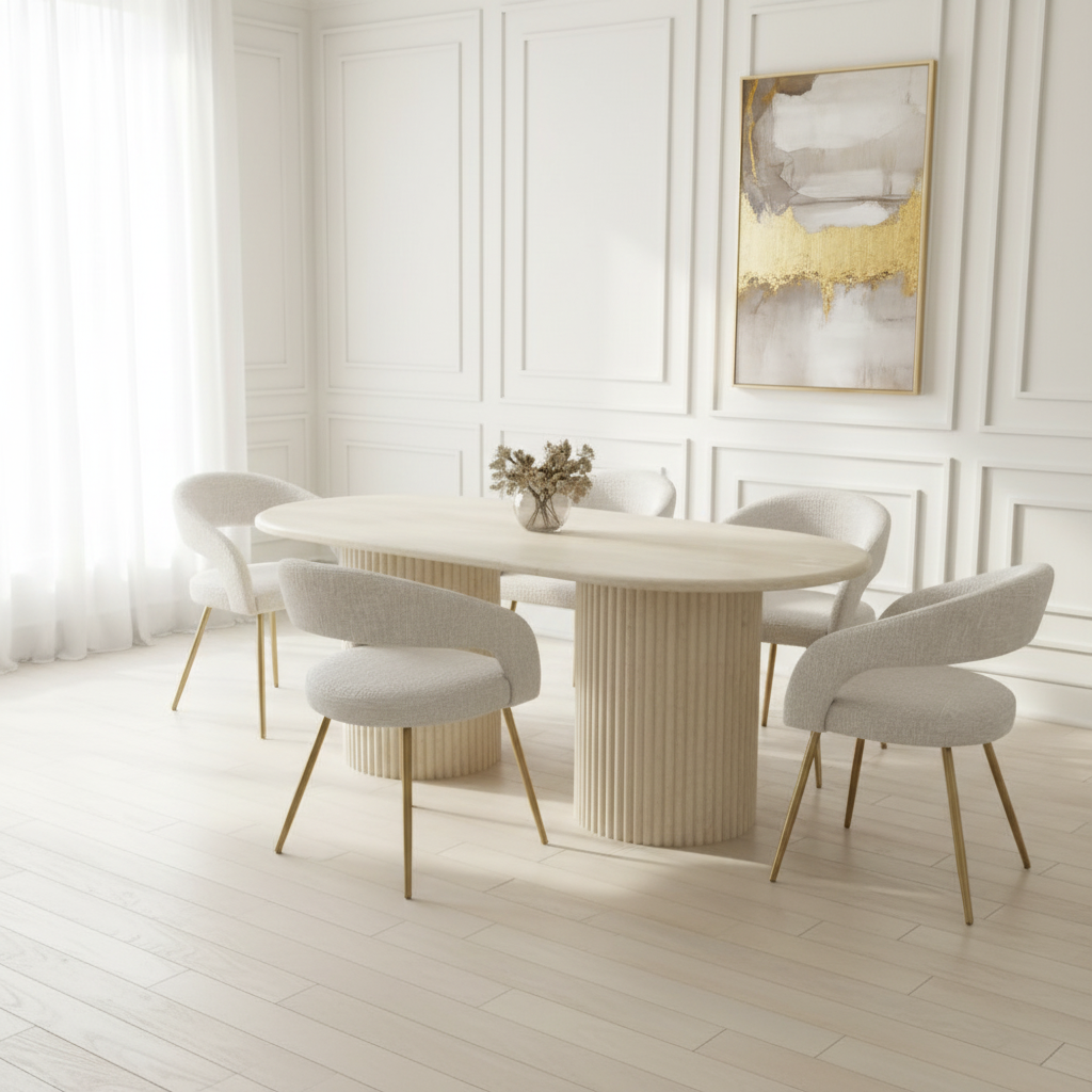 Juliette cream dining chairs arranged around fluted console table