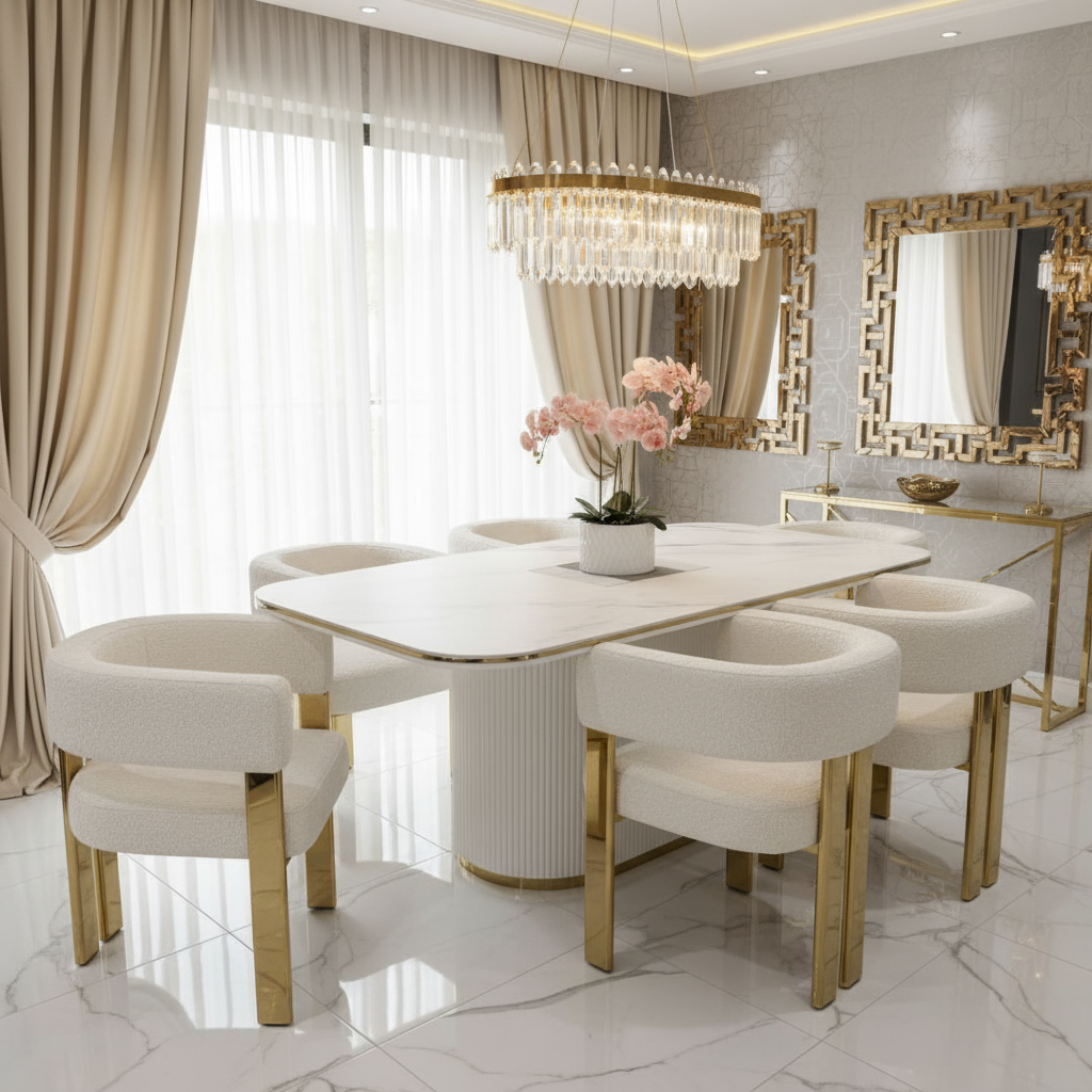 Phoenix Marble Dining Table (White/Gold) 200 cm